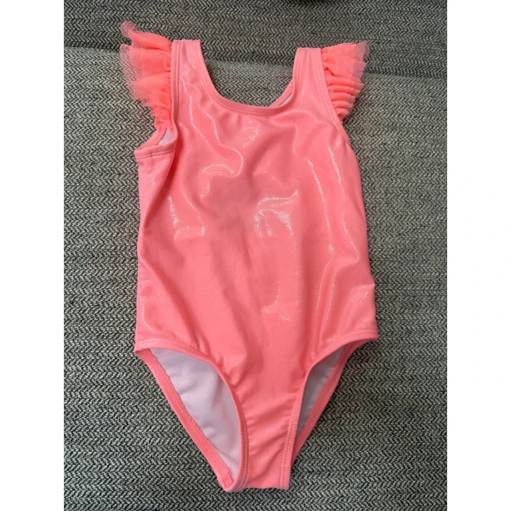 Cat & Jack Girls Pink Shimmer Ruffle One Piece Swimsuit 3T Cutout Back
